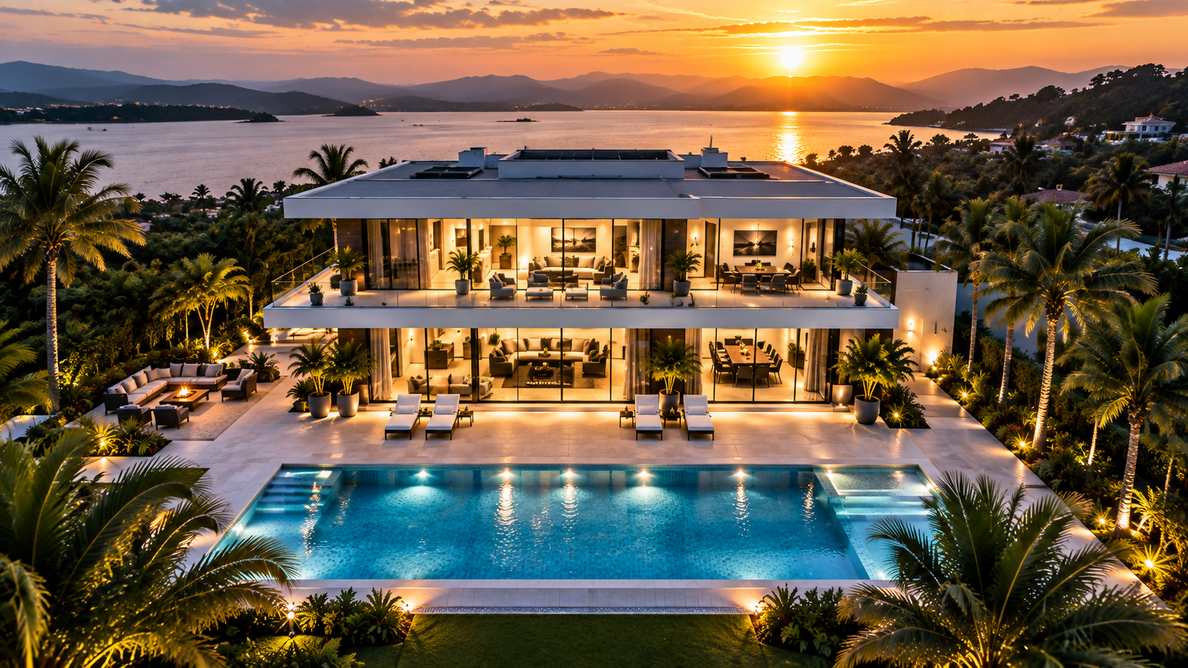 Aerial sunset view of a luxury coastal home with an illuminated pool