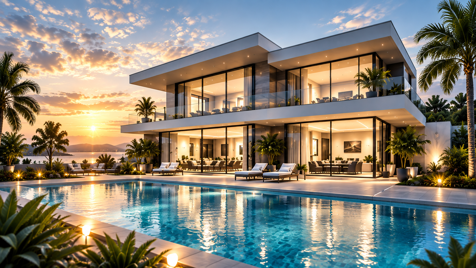 Front exterior of a modern luxury home beside an infinity pool at sunset