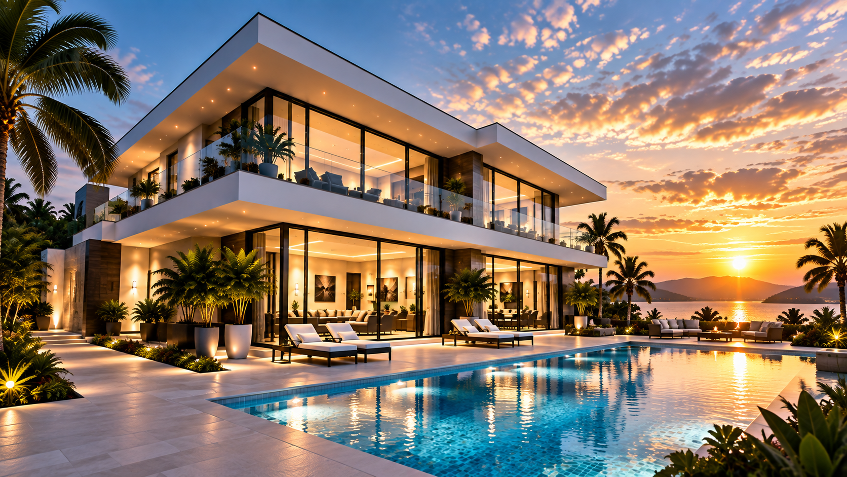 Angled poolside view of the luxury coastal home at golden hour